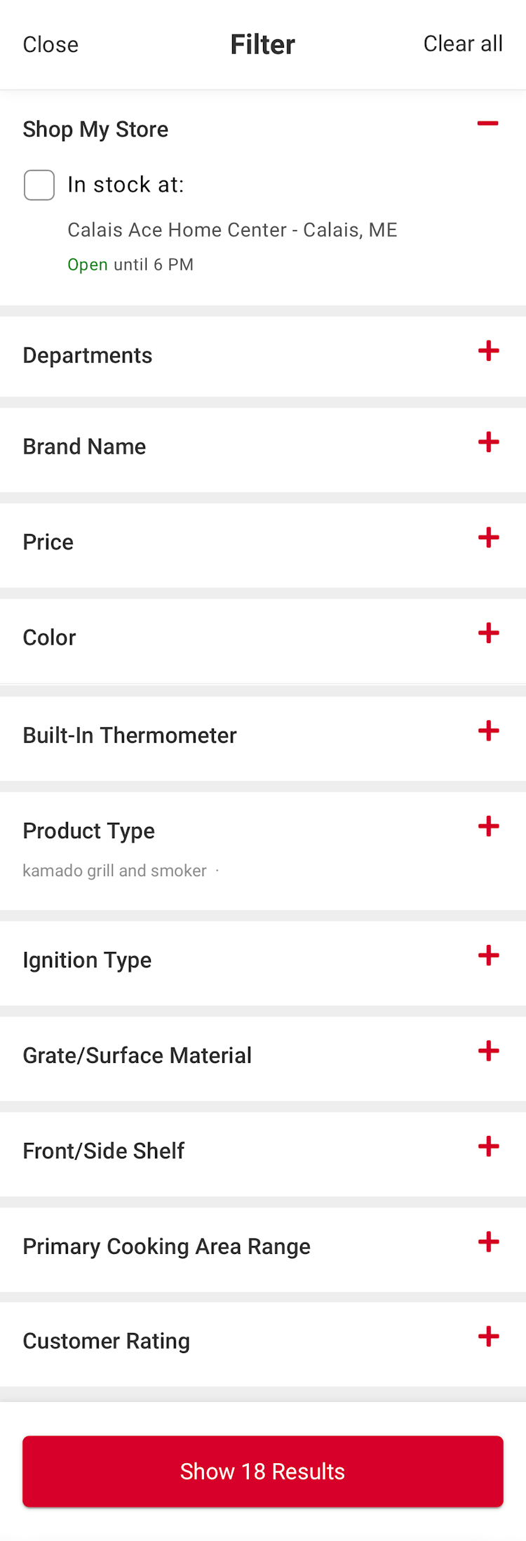 ACE Hardware’s Mobile Filtering Options 263 of 630 Filtering Options